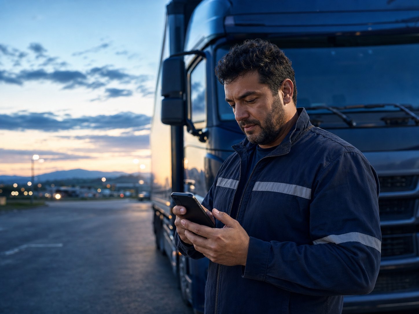 Motorista utiliza o celular ao lado de um caminhão antes de iniciar uma viagem