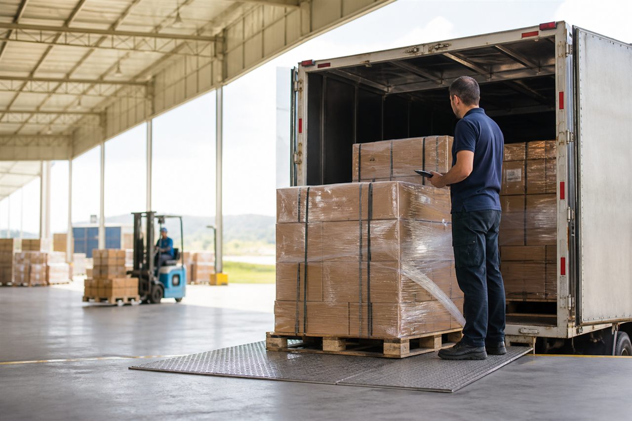 Profissional acompanha o carregamento de mercadorias em um caminhão